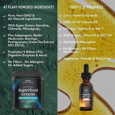 AdaptoZen Super Greens Vitamin D3 K2 Ultimate Wellness Bundle to Support Immunity Mood Energy Sleep Gut Health. Vegetarian Supplements for Men Women in Partnership with Michael Beckwith