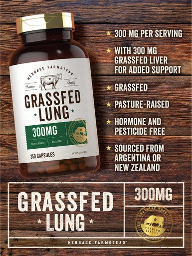 Grass Fed Beef Lung Capsules With Liver | 600Mg | 250 Count | Non-Gmo, Pasture Raised | By Herbage Farmstead