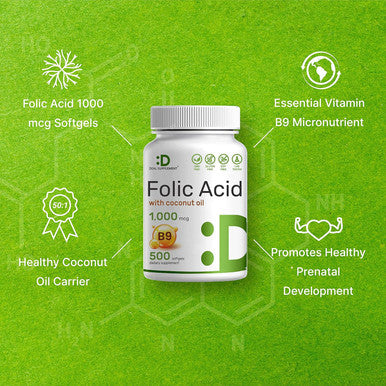 Deal Supplement Folic Acid 1000 Mcg (1 Mg), 500 Coconut Oil Softgels Bioavailable Prenatal Vitamins (Vitamin B9) ÃƒÂ¢Ã¢â€šÂ¬Ã¢â‚¬Å“ 1,667 Mcg Dfe ÃƒÂ¢Ã¢â€šÂ¬Ã¢â‚¬Å“ Easy To Swallow, Non-Gmo, & No Gluten