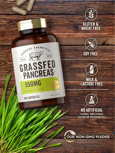 Grass Fed Beef Pancreas 550Mg | 200 Capsules | Desiccated Pasture Raised Bovine Supplement | Non-Gmo, Gluten Free | By Herbage Fa