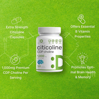 Deal Supplement Citicoline CDP Choline 1000mg Per Serving 120 Capsules Extra Strength Choline Supplements Nootropic B Vitamin Properties Promotes Brain Health Memory & Focus Non-GMO