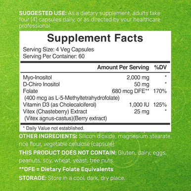 Deal Supplement Myo-Inositol & D-Chiro Inositol Supplement (40:1) 2050mg Per Serving 240 Veggie Capsules with Folate Vitamin D3 & Vitex Complex Women Health Supplements Non-GMO