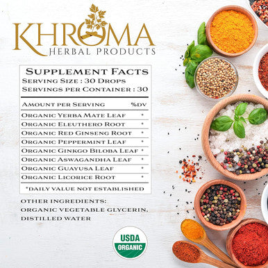 Khroma Herbal Products Awaken - Organic Energy Supplement - 2 oz Liquid in a Glass Bottle - Yerba Mate Eleuthro Root Red Ginseng Peppermint Ginkgo Blob Ashwaganhda Guayusa - by Khroma Herbs