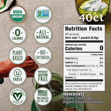 In The Raw Stevia Organic Stevia Sweetener Packets 40 Ct Zero Calorie Stevia Sugar Substitute Packets No Erythritol or Artificial Flavors USDA Organic Non-GMO Project Verified Vegan (Pack of 2)