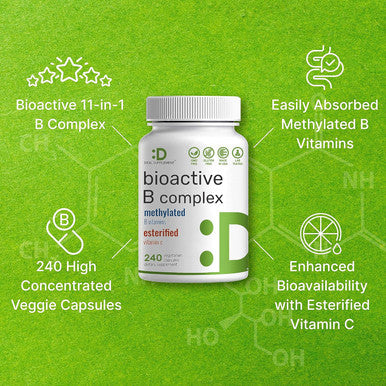 Deal Supplement Bioactive Vitamin B Complex 240 Veggie Capsules - Methylated Multivitamin B Complex & Esterified Vitamin C High Potency & Easy Absorption Immune Energy & Metabolism Supplement Non-GMO