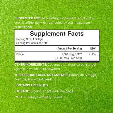 Deal Supplement Folic Acid 1000 Mcg (1 Mg), 500 Coconut Oil Softgels Bioavailable Prenatal Vitamins (Vitamin B9) ÃƒÂ¢Ã¢â€šÂ¬Ã¢â‚¬Å“ 1,667 Mcg Dfe ÃƒÂ¢Ã¢â€šÂ¬Ã¢â‚¬Å“ Easy To Swallow, Non-Gmo, & No Gluten