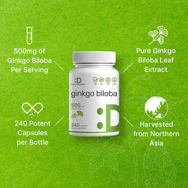 Deal Supplement Ginkgo Biloba 500mg Per Serving 240 Capsules 4 Month Supply Grown in Northern Asia Extra Strength Promotes Brain Function