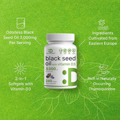 Deal Supplement Black Seed Oil 3000mg with Vitamin D3 2000IU 240 Softgels | Cold-Pressed Nigella Sativa Naturally Occurring Thymoquinone (TQ) | Immune Heart Joint & Bone Health Support