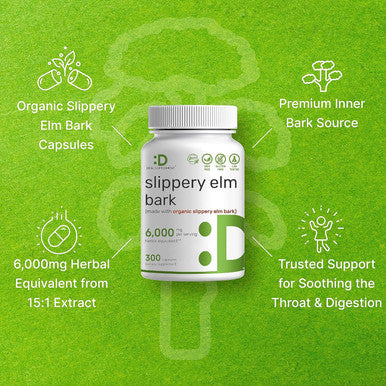 Deal Supplement Slippery Elm Capsules 6000mg Per Serving 300 Pills Made with Organic Inner Bark Powder Extract Natural Herb for Soothing Throat & Digestive Support Non-GMO