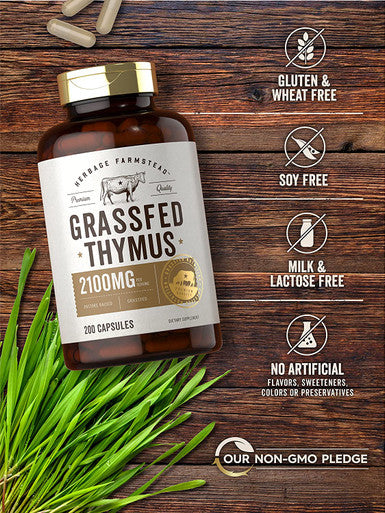 Grass Fed Beef Thymus 2100mg | 200 Capsules | Desiccated Pasture Raised Bovine Supplement | Non-GMO, Gluten Free | by Herbage Farmstead