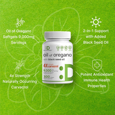 Deal Supplement Oil of Oregano Softgels with Black Seed Oil 9000mg Per Serving 300 Count 30:1 Extract Active Carvacrol & Thymoquinone Antioxidant Immune Health Support Plant Based GMO-