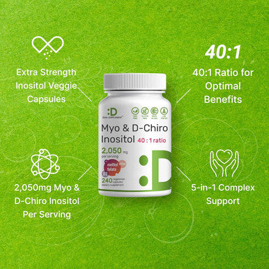 Deal Supplement Myo-Inositol & D-Chiro Inositol Supplement (40:1) 2050mg Per Serving 240 Veggie Capsules with Folate Vitamin D3 & Vitex Complex Women Health Supplements Non-GMO