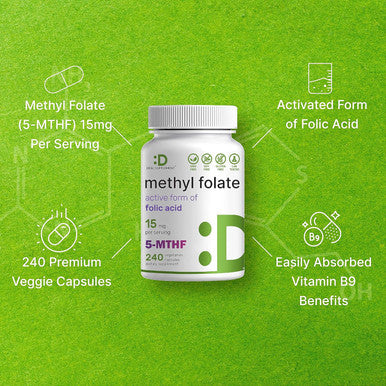 Deal Supplement L Methylfolate 15mg Per Serving 240 Veggie Capsules Active Folic Acid Form (5-MTHF) Bioavailable Methylated Folate Prenatal Energy & Brain Support Supplement Non-GMO