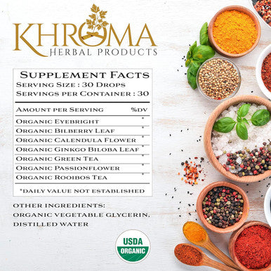 Khroma Herbal Products Organic Pure Vision - 2 oz Liquid Dietary Supplement in A Glass Bottle - 30 Servings - Healthy Eyesight -