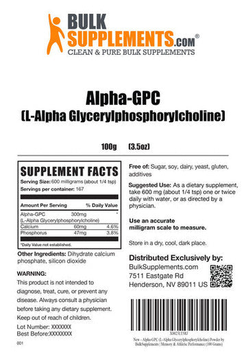 BulkSupplements.com Alpha-GPC (L-Alpha Glycerylphosphorylcholine)- Memory Supplement for Brain - Choline Supplements (100 Grams - 3.5 oz)