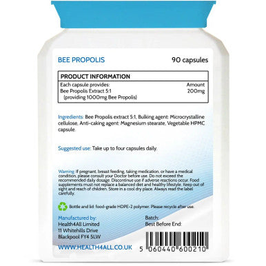 Bee Propolis High Strength 1000mg 90 Capsules (V) . Immune Support Natural Supplement Rich in Functional antioxidants. Made in The UK by Health4All