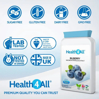 Bilberry Strong Extract 8,000mg 60 Capsules (V) . Vegan Capsules (not Tablets). Antioxidant for Eyesight. Made in The UK by Health4All.