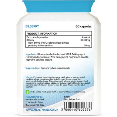 Bilberry Strong Extract 8,000mg 60 Capsules (V) . Vegan Capsules (not Tablets). Antioxidant for Eyesight. Made in The UK by Health4All.