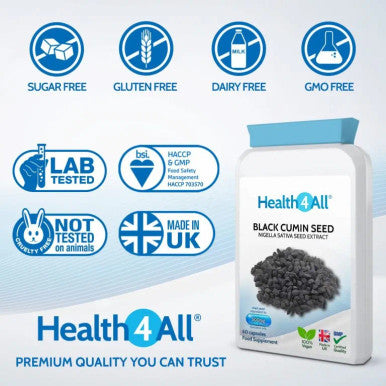 Black Cumin Seed 500mg 60 Capsules (V) (not Tablets) Nigella Sativa Vegan Immune Support Supplement. Made in The UK by Health4All.