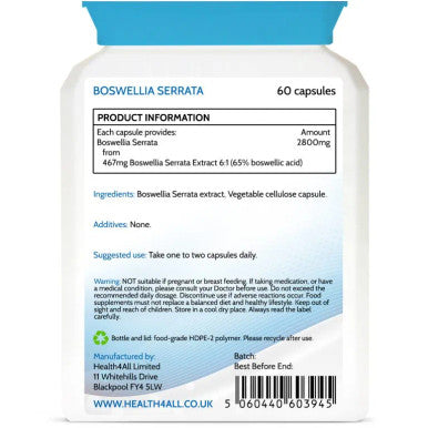 Boswellia Serrata 2800Mg 120 Capsules (V) . (Not Tablets) Strong Anti-Inflammatory Oa & Joint Support. Vegan. Made In The Uk By Health4All