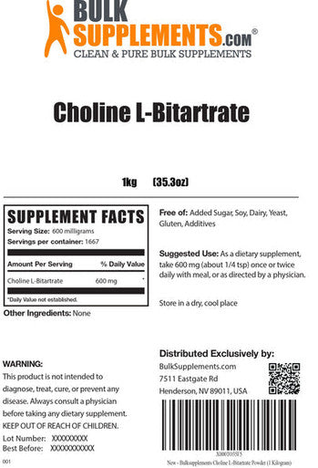BulkSupplements.com Choline L-Bitartrate Powder - Choline Supplements for Liver - Memory and Focus Supplements (1 Kilogram - 2.2 lbs)