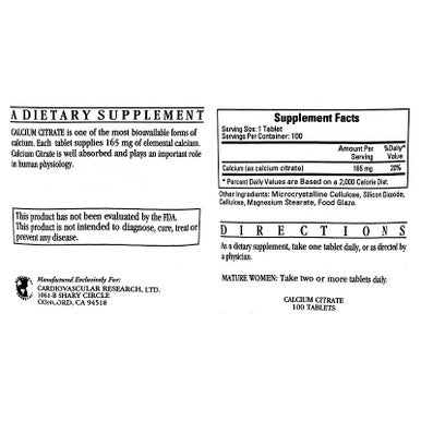 Ecological Formulas Calcium Citrate 165mg 100 Tablets
