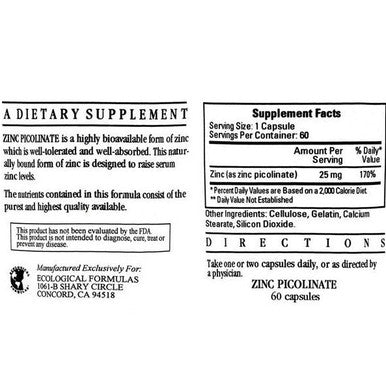 Ecological Formulas Zinc Picolinate 25mg 60 Capsules