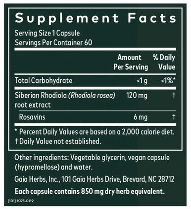 Gaia Herbs Rhodiola Rosea 60 Capsules