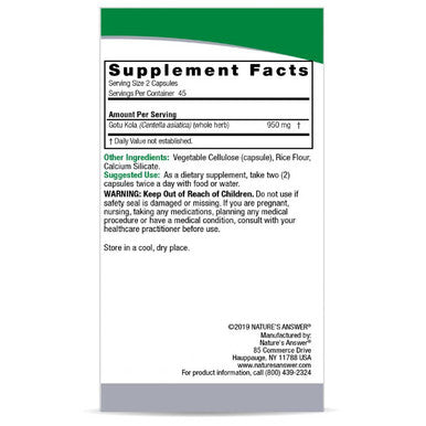 Nature's Answer Gotu Kola Herb Supplement Vegetarian Capsules 90 Capsules