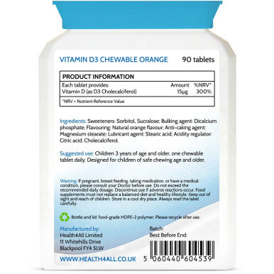Kids Vitamin D3 600iu Chewable 90 Tablets (V). Sugar Free. Natural Orange Flavour. Made by Health4All Kids