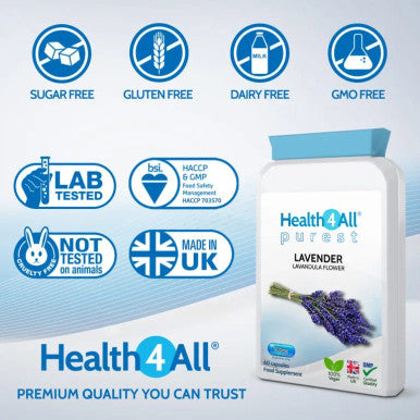 Lavender 500mg 60 Capsules (V) .(not Tablets or Oil) Purest- no additives. Vegan Capsules for Anxiety, Relaxation and Sleep. Made in The UK by Health4All