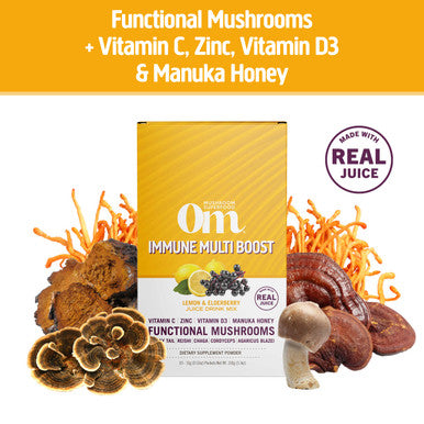 Om Mushroom Superfood Immune Multi Boost Supplement with Vitamin C 10 Single Serving Sachets / Lemon & Elderberry