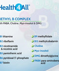 Methyl B Complex 60 Capsules (V) (not Tablets) with Methylcobalamin, Methyl Folate, P5P, Choline, Myo-Inositol, DMG and PABA for Stress Support, Energy and methylation. Made in UK by Health4All