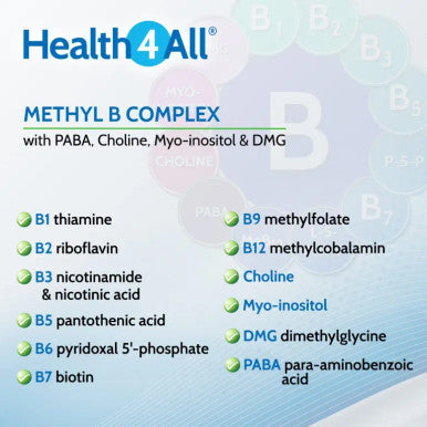Methyl B Complex 60 Capsules (V) (not Tablets) with Methylcobalamin, Methyl Folate, P5P, Choline, Myo-Inositol, DMG and PABA for Stress Support, Energy and methylation. Made in UK by Health4All