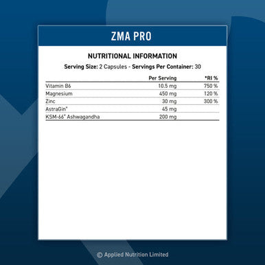 Applied Nutrition ZMA Pro Zinc Magnesium Vitamin B6 Contributes to Normal Testosterone Levels Supports Functioning of Nervous System and Muscle Reduces Fatigue - 60 Capsules 50g - 30 Servings