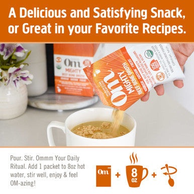 Om Mushroom Superfood Mighty Beef Bone Broth 10 Single Serving Sachets