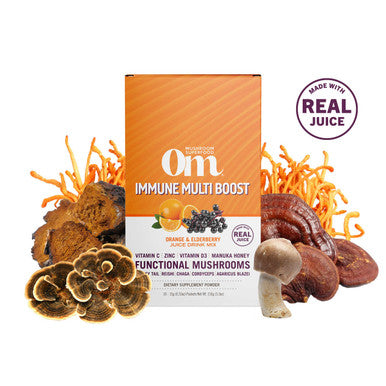 Om Mushroom Superfood Immune Multi Boost Supplement with Vitamin C 10 Single Serving Sachets / Orange & Elderberry