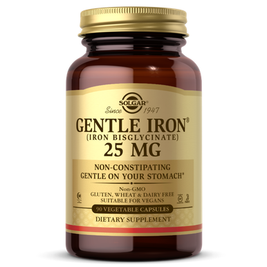 Solgar Gentle Iron (Iron Bisglycinate) 25 mg Vegetable Capsules - Pack of 90