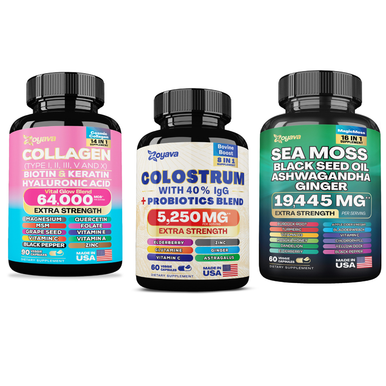 Zoyava Radiant Beauty Trio- Bovine Colostrum Supplement 5250 Mg, Sea Moss 16-In-1 Magic Moss Super Blend - 19,445Mg, And Cosmic Collagen Beauty Complex - 64,000Mcg