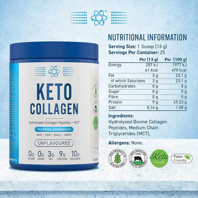 Applied Nutrition Keto Collagen Protein Powder Hydrolysed Collagen Peptides + MCT Healthy Fats Ketogenic and Paleo Diet Zero Sugar and Carbs Healthy Skin Nails Hair Bones Unflavoured 325g