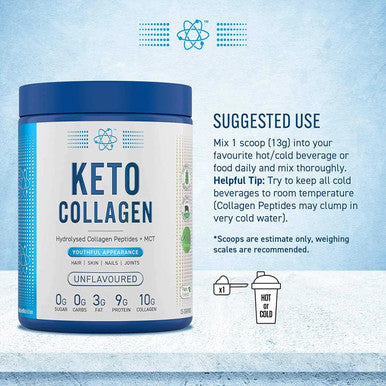 Applied Nutrition Keto Collagen Protein Powder Hydrolysed Collagen Peptides + MCT Healthy Fats Ketogenic and Paleo Diet Zero Sugar and Carbs Healthy Skin Nails Hair Bones Unflavoured 325g