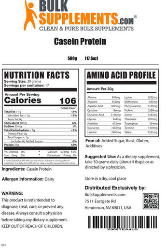 BulkSupplements.com Casein Protein Powder - Low Carb Protein Powder - Paleo Protein Powder - Flavorless Protein Powder - Clean Protein (500 Grams)