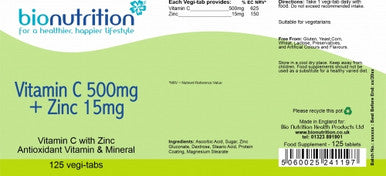 Bio Nutrition Vitamin C 500Mg + Zinc 15Mg : Antioxidant And Immune Vitamin And Mineral Combination : 125 Vegi Tablets