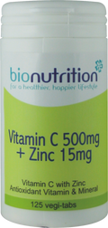 Bio Nutrition Vitamin C 500Mg + Zinc 15Mg : Antioxidant And Immune Vitamin And Mineral Combination : 125 Vegi Tablets