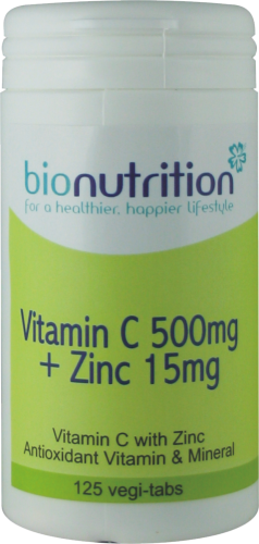 Bio Nutrition Vitamin C 500Mg + Zinc 15Mg : Antioxidant And Immune Vitamin And Mineral Combination : 125 Vegi Tablets