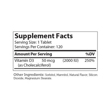 Zahlers Vitamin D3 Chewable 2000 Iu General Health 120 Tablets