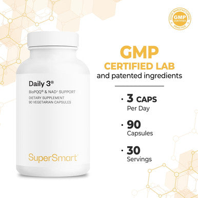 Supersmart Daily 3 Three Daily Multivitamin for Women Men with BioPQQ NMN 42 Ingredients Antioxidant Nutrients NonGMO GlutenFree 90 Vegetarian Capsules 1 Month Supply