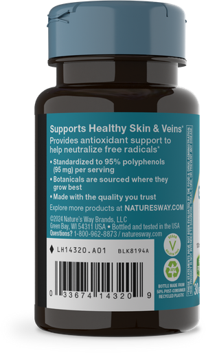 Nature's Way Premium Extract Standardized Grape Seed 95% Polyphenols, 100 mg per serving, 60 Capsules