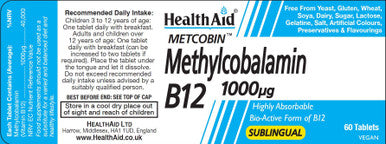 Health Aid Metcobin Methylcobalamin B12 1000mcg 60's