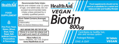 Health Aid Vegan Biotin 800ug 30's